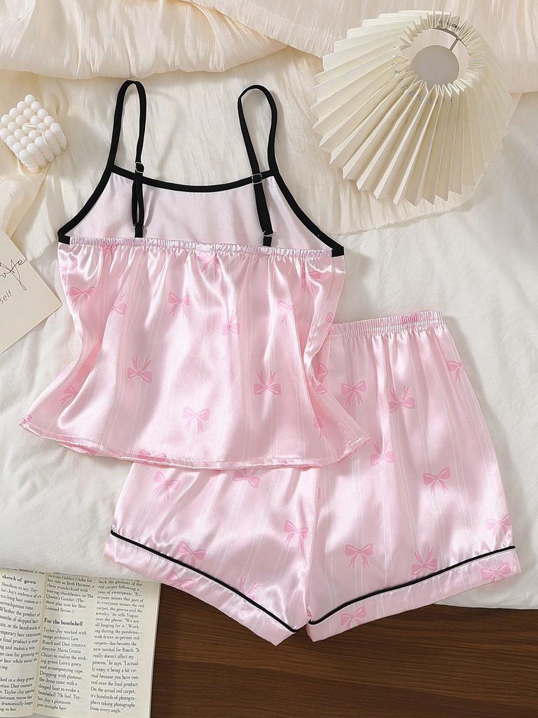 Girls Pink & White Striped Bow Sweet Fashion Minimalist Pattern Print Faux Silk Camisole Top And Shorts Comfortable 2-Piece Loungewear Set
