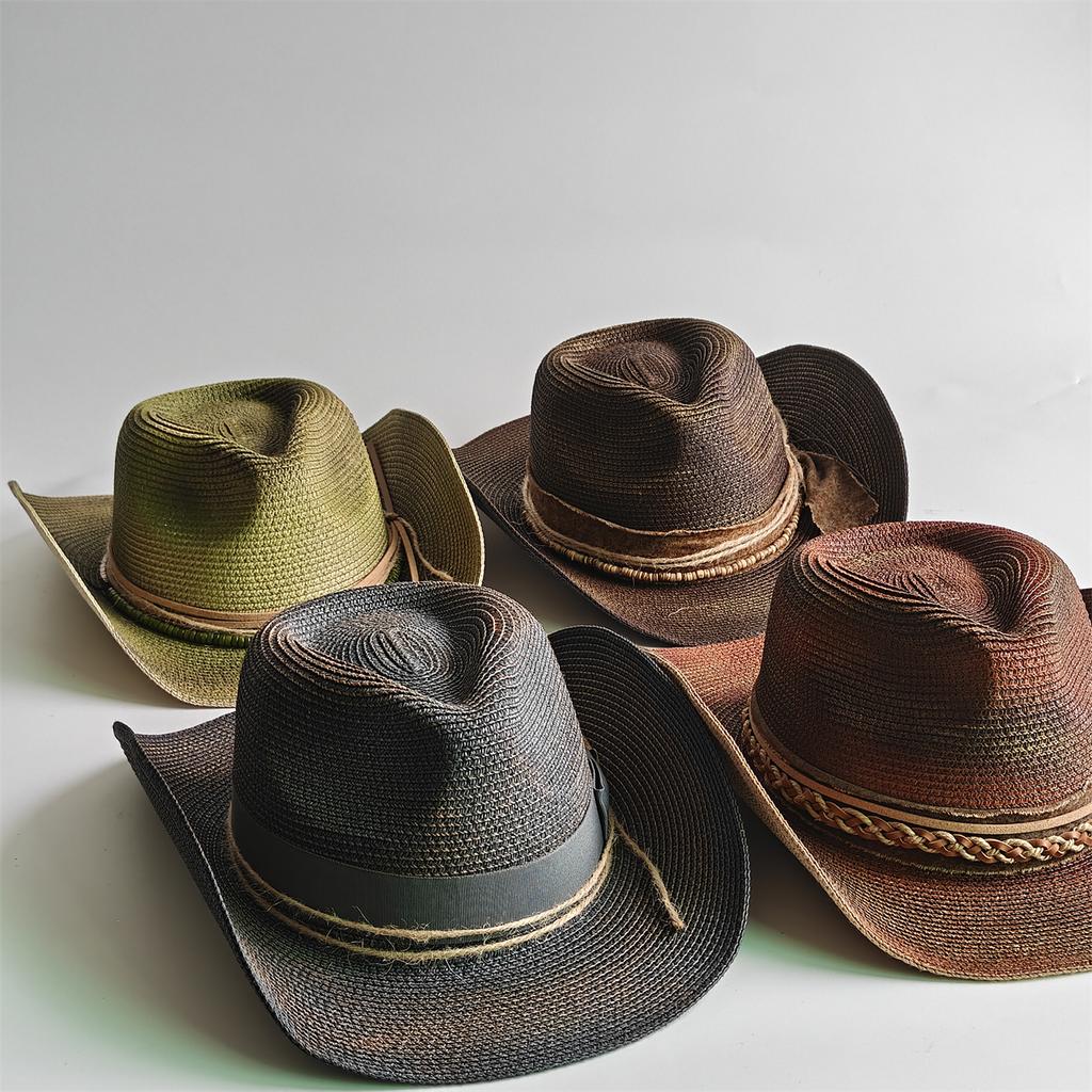 Chapeau de cowboy usé Chapeau de soleil unisexe À larges bords Paille malléable Tressé Chapeau de cowboy western Club de musique Fête Vacances Chapeau
