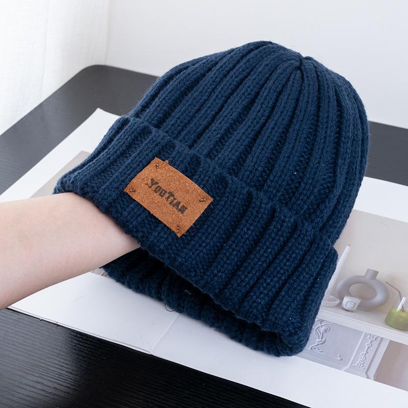 Pălărie cu etichetă din piele de epocă, șepci de toamnă și iarnă pentru femei, pălării din fire tricotate cu dungi calde