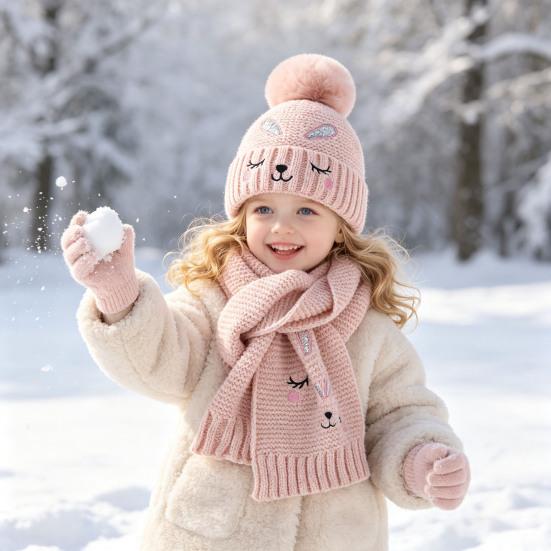 Winter Gift Set for Boys Girls Hat Gloves Scarf Kids, Warm Knitted Pompom Hat, Cute And Kids Bunny Embroidery, Cozy Ages 2 to 6