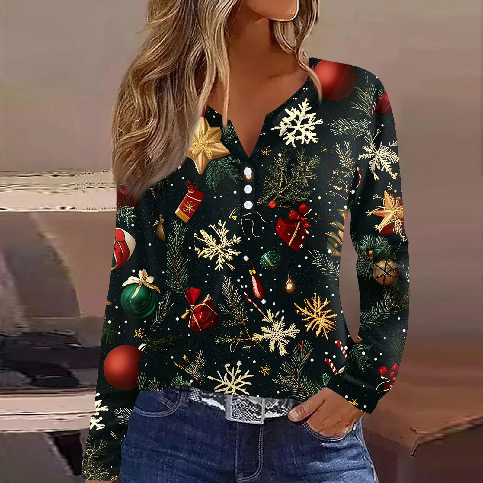 

Женская футболка с рождественским принтом на пуговицах с длинным рукавом, повседневная, выходного дня, модная, базовая, с V-образным вырезом, обычная L тёмно-синий