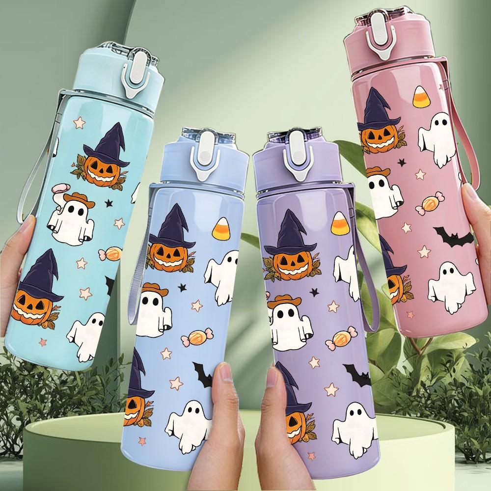 1PC Halloween Witch Ghost Pattern Print 750ml Color Plastic Sports Water Bottle Leakproof Flip Straw Lid Suitable for Sports Office Home Use