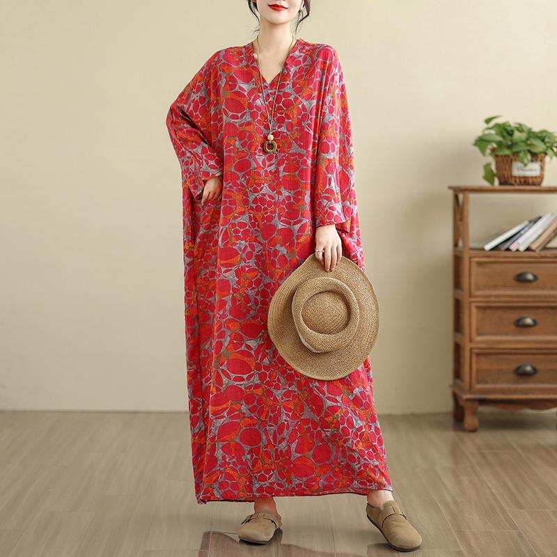 DIMANAF 2025 Women Plus Size Spring Long Dress Loose V-Neck Printing Vintage Casual Floral Oversize Long Sleeve 5034