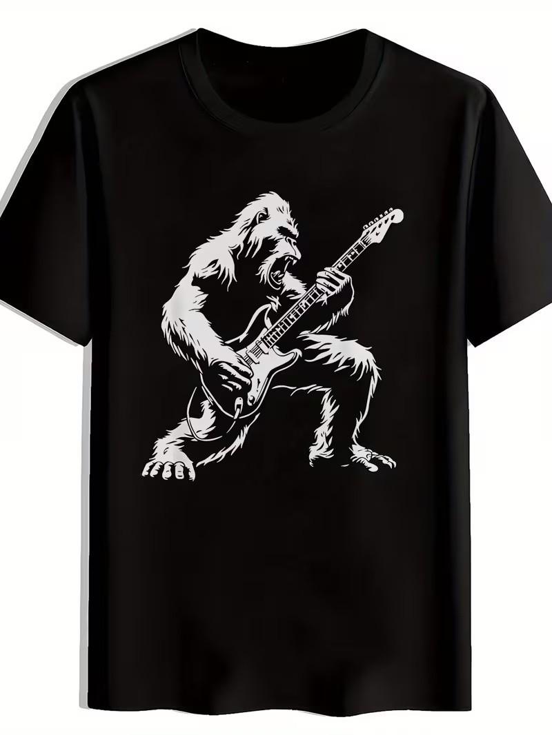 Bigfoot Playing Guitar T-Shirt, Rock Music Ape Graphic Tee for Men Women, XL