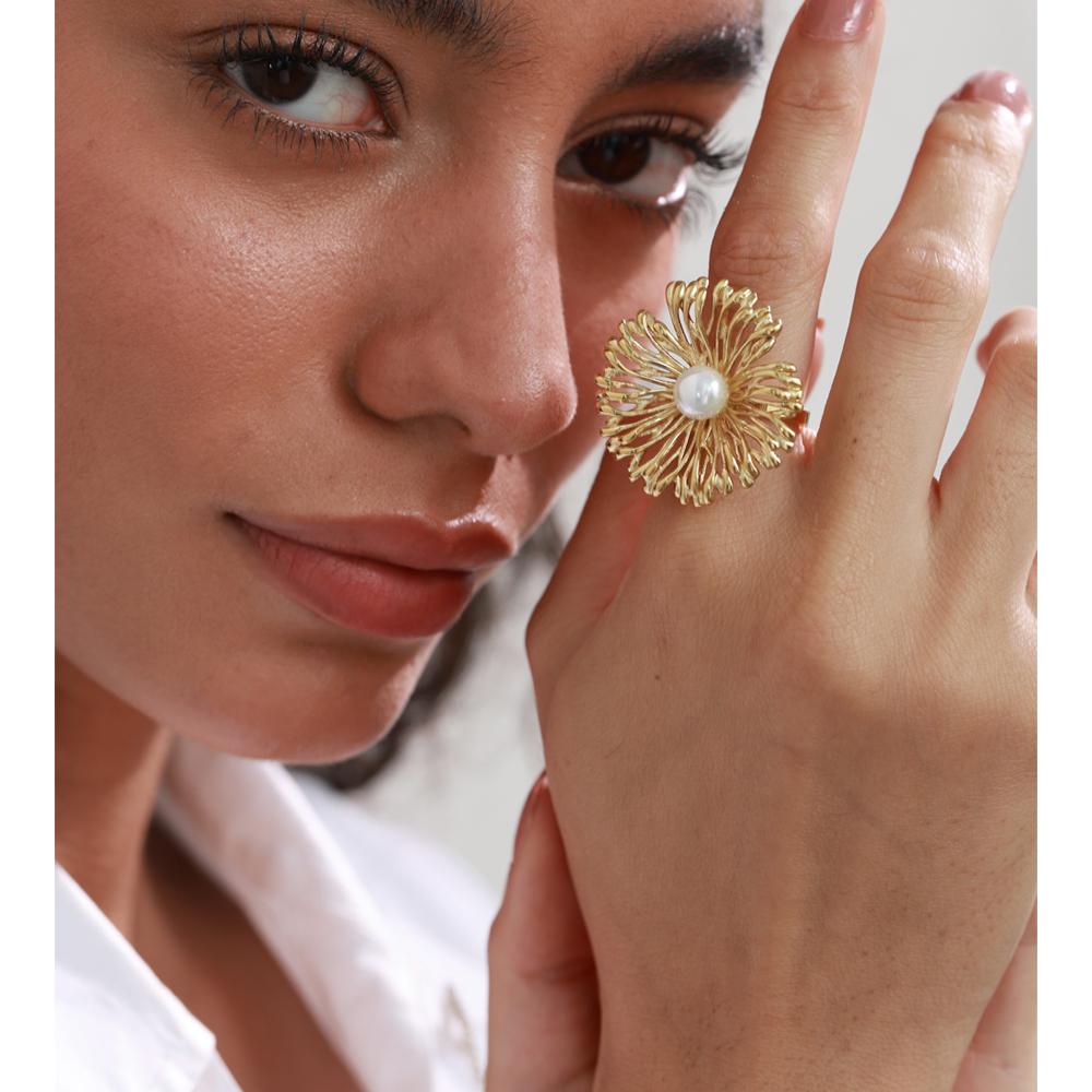 Yhpup Trendy Stainless Steel Pearl Flower Adjustable Ring Gold & Platinum Plated Stylish Unique Finger Jewelry Accessories Gift