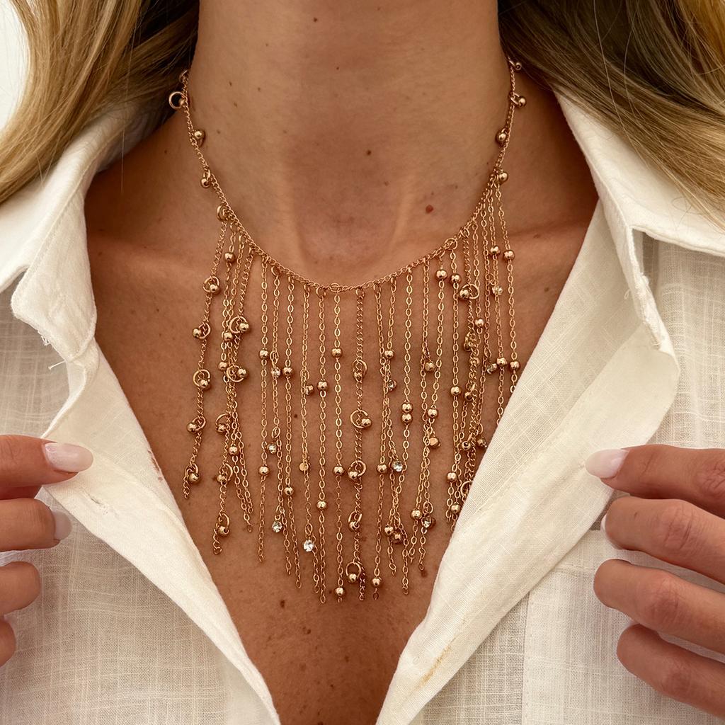 Waterfall Metal Bead Chain Fringed Necklace, Hip-Hop Fashion Rhinestone Hanging Ball Collarbone Necklace