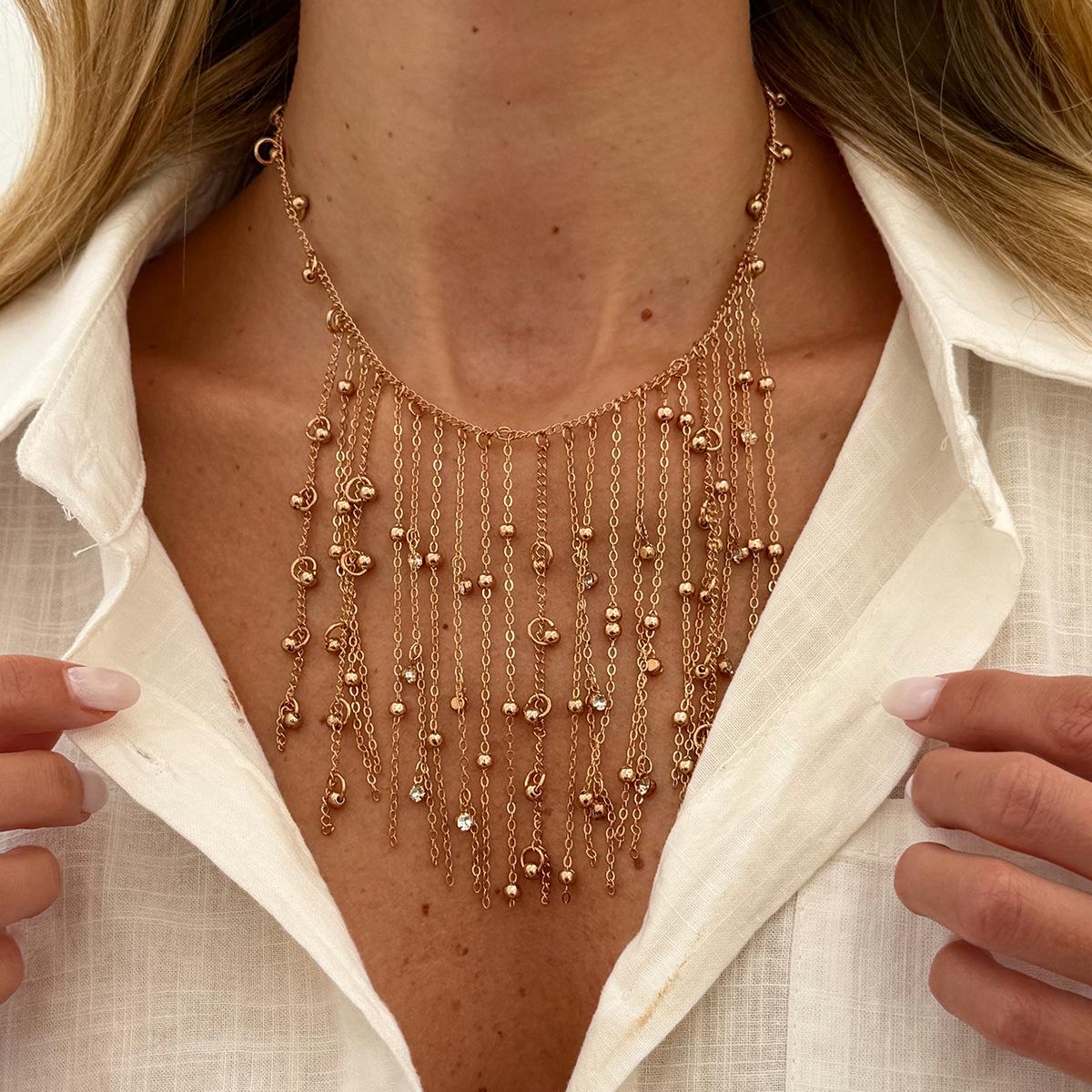Waterfall Metal Bead Chain Fringed Necklace, Hip-Hop Fashion Rhinestone Hanging Ball Collarbone Necklace