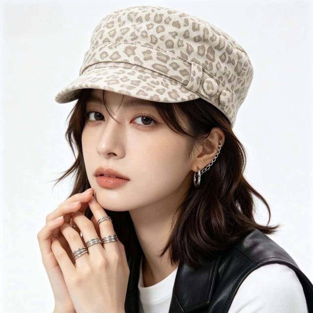Retro and old leopard print duck tongue equestrian hat women's niche fashionable beret showing small face big head circumference newsboy hat