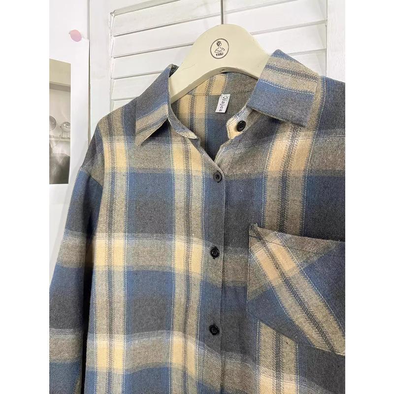 Cămașă de damă retro cu carouri, periată - Îmbrăcăminte exterioară cu mânecă lungă, cu croială lejeră, pentru toamna 2024