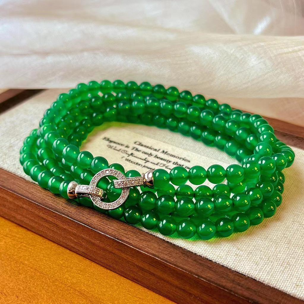 Vintage Vitreous Ice Jade Zhengyang Green Natural Ice Chrysoprase Necklace Agate Sweater Chain