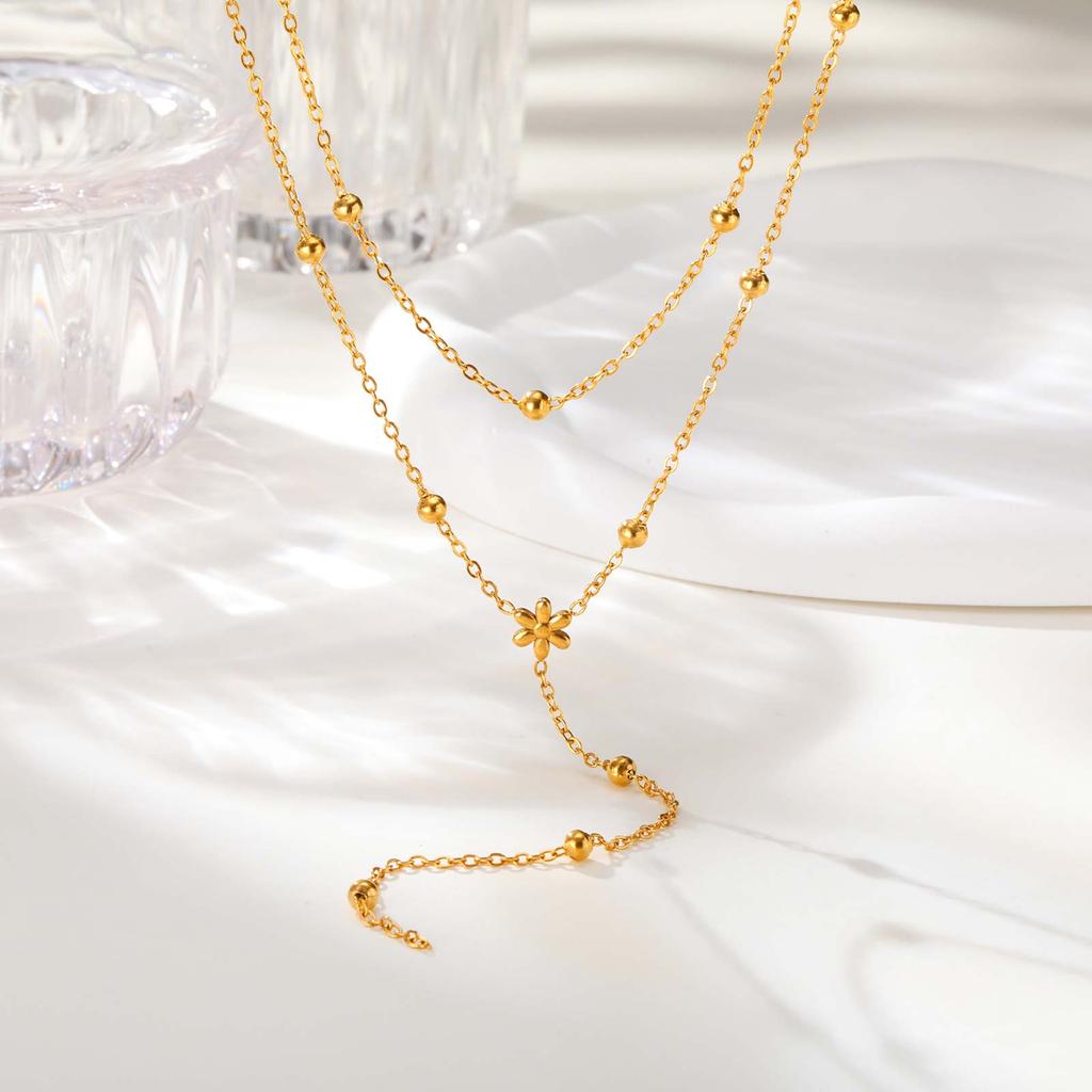 Dainty Bead Chain Zircon Heart-shaped Necklace for Women,Stainless Steel Flower Tassel Double Layer Y-shaped Necklaces Jewelry