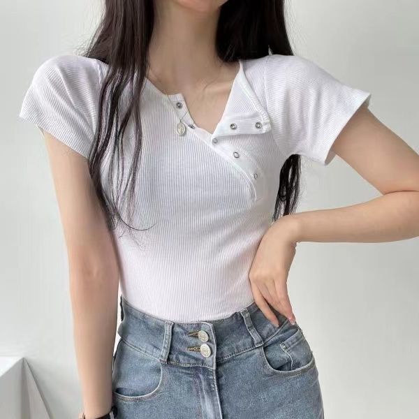 Unregelmäßiges T-Shirt Damen Frühling Kurzarm Schwarz Crop Top Vintage Einfarbig All Match Slim Fit