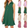Women's Sleeveless Solid Color Dress Button Up Collar Shirt Dress V-Neck Pleated Hem Dress