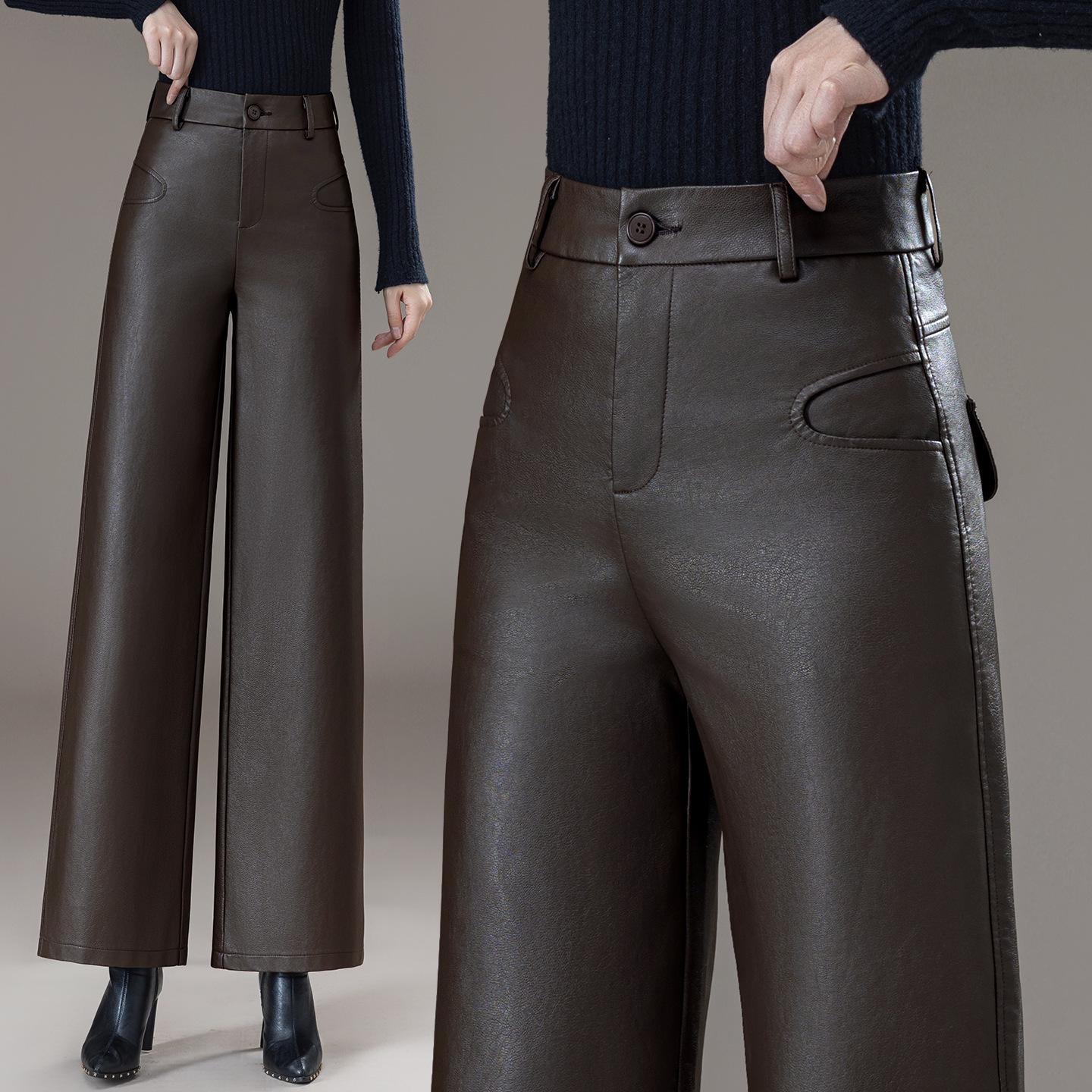 

High-Waisted Wide-Leg Leather Pants for Women - Slimming, Versatile, Black, Fashionable Casual Trousers for Autumn/Winter 2025 30-XXL чёрный