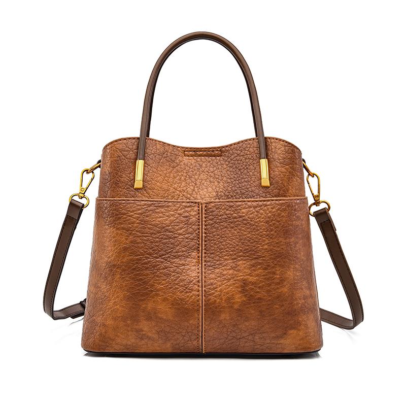 Women's PU Leather Tote Bag, Vintage Brown Bucket Handbag, Small Capacity Shoulder Crossbody Bag, Casual Daily Commuter Bag for Work Shopping Travel
