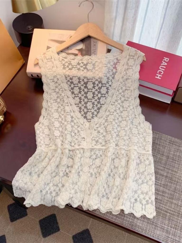 Summer Spice Girl Design Sense Crochet Hollow Suspender Women's Knitted Vest Vest Outside Sleeveless Blouse Top