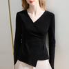 Mid-sleeved T-shirt for Women New Women's Cross-v-neck Half-sleeved Cotton T-shirt Asymmetric Waist-hugging Niche Chic Top