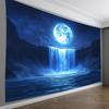 Serene Midnight Waterfall Landscape Tapestry, Glowing Full Moon Starry Night Cliff Scenery Wall Cloth For Home Peaceful Backdrop