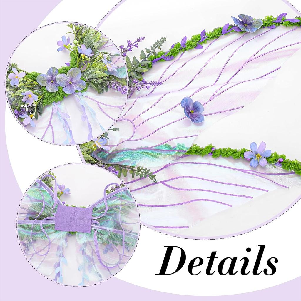 Purple Fairy Wings Adult - Butterfly Wings Forest Elf Wings with Purple Flowers, Leaves, and Vines Photo Shooting Role Playing