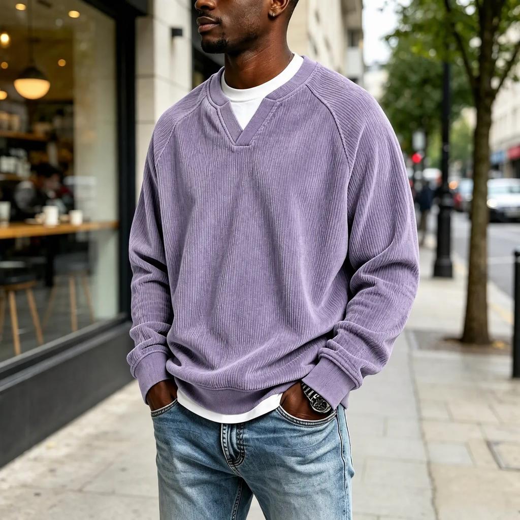 Men's V-neck Faux Two Piece Corduroy Long Sleeve Casual Sportswear T-shirt