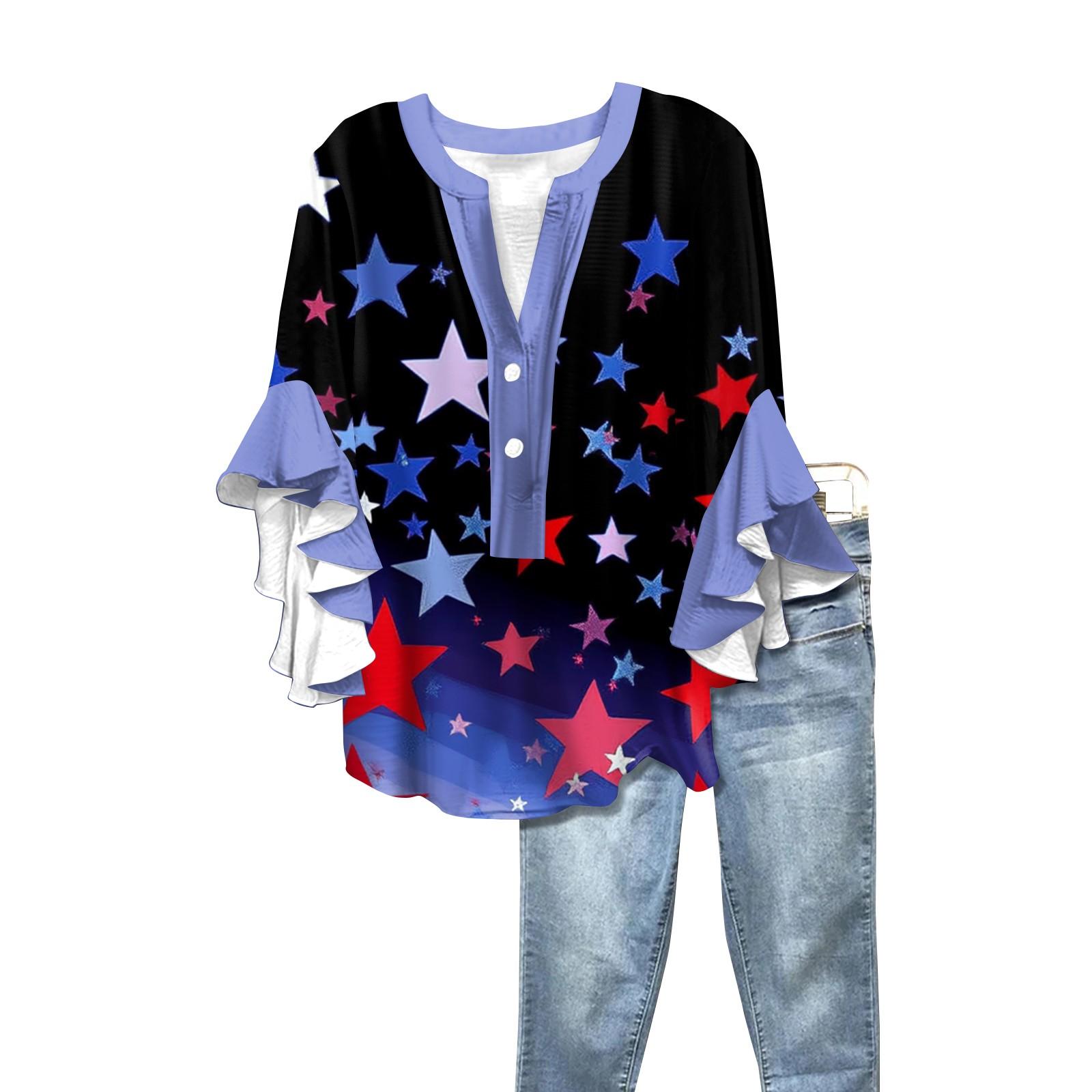

Summer Women s Tops V Neck Seven Sleeve Shirt Independence Day Printed Tops Casual Shirt XXL