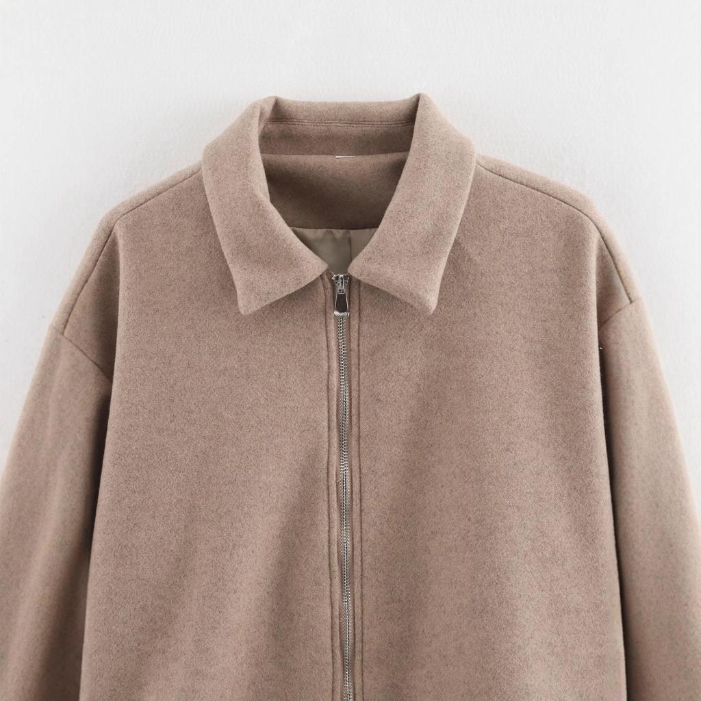 European & American Women's Fashion Casual Pleated Zipper Wool Jacket