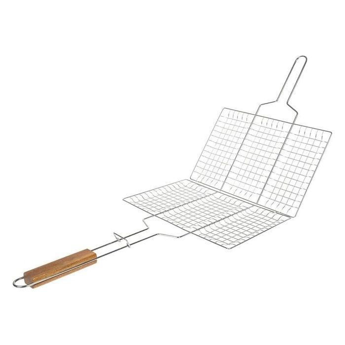 1 PCS Double Grille Barbecue Rectangle 34x22 cm en Acier Chromé avec Manche en Bois – Parfait pour des Grillades Maîtrisées RIDEAU