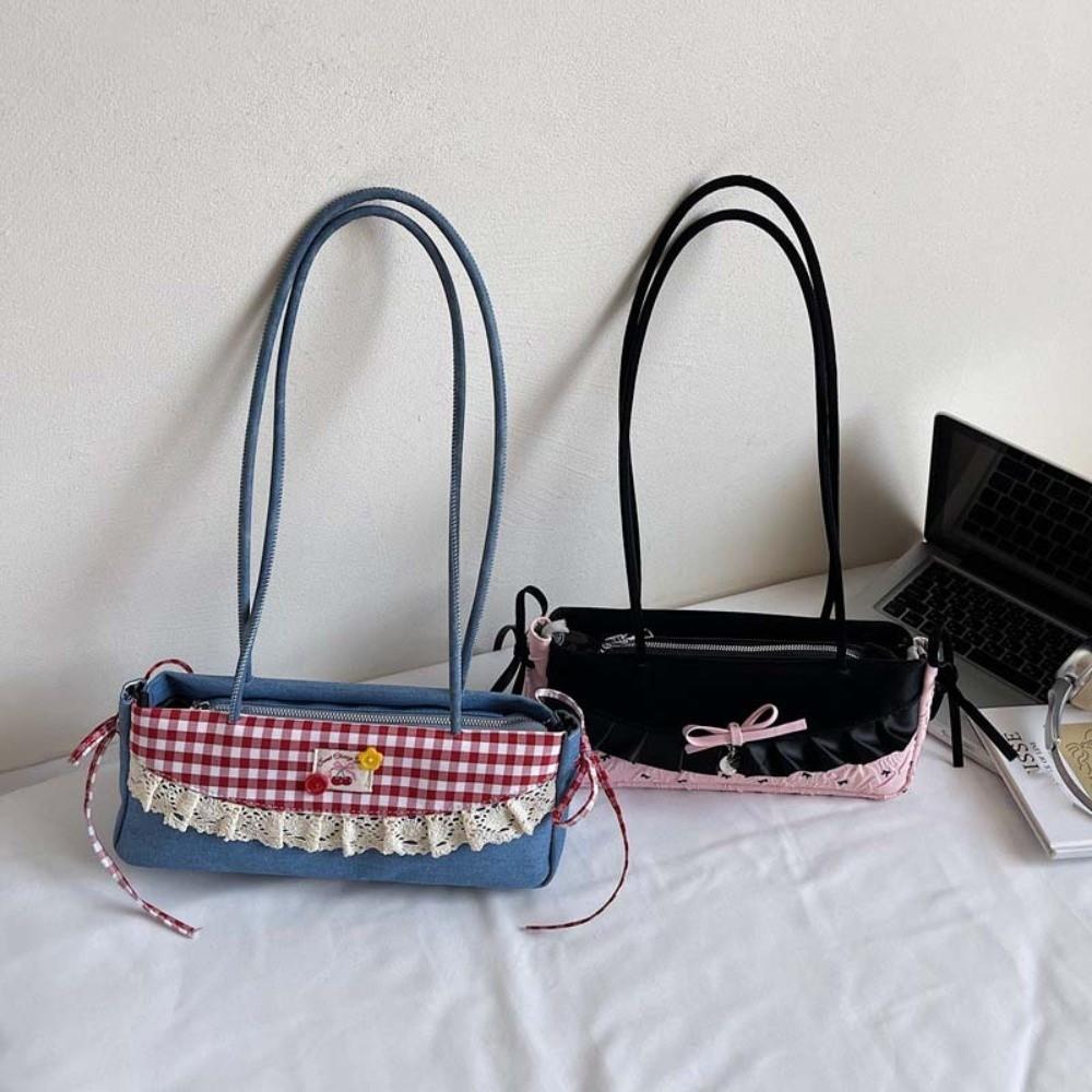 Black French Stick Handbag Denim Blue Cloth Underarm Bags Shopping Plaid Bow Shoulder Bag Travel