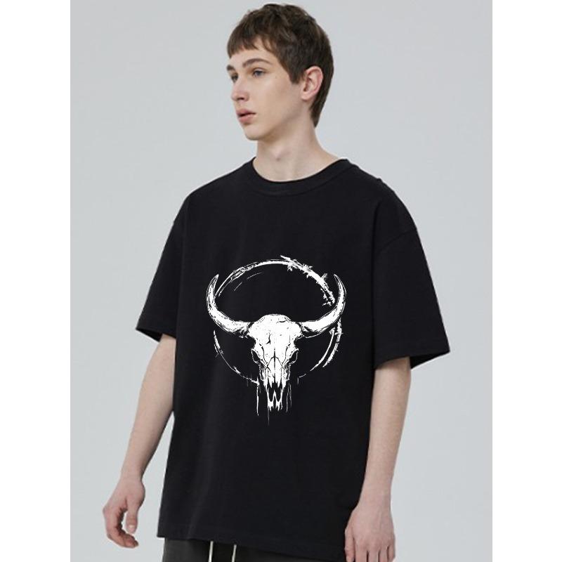 Oversized Crewneck T Shirt Black Bull Skull Graphic Print Unisex Streetwear Casual Wear