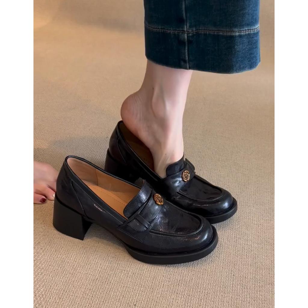 Sheepskin version~ Camellia black high heels platform leather retro loafers women's one-pedal lazy small leather shoes