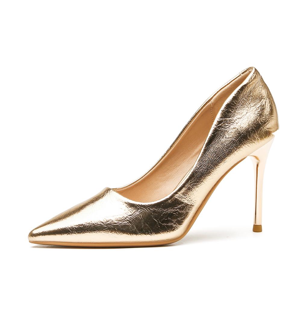 Silberne High Heels Damen Stiletto neuer Rock Temperament weiches Leder gold spitz nicht müde Füße vielseitig Brautjungfer Schuhe