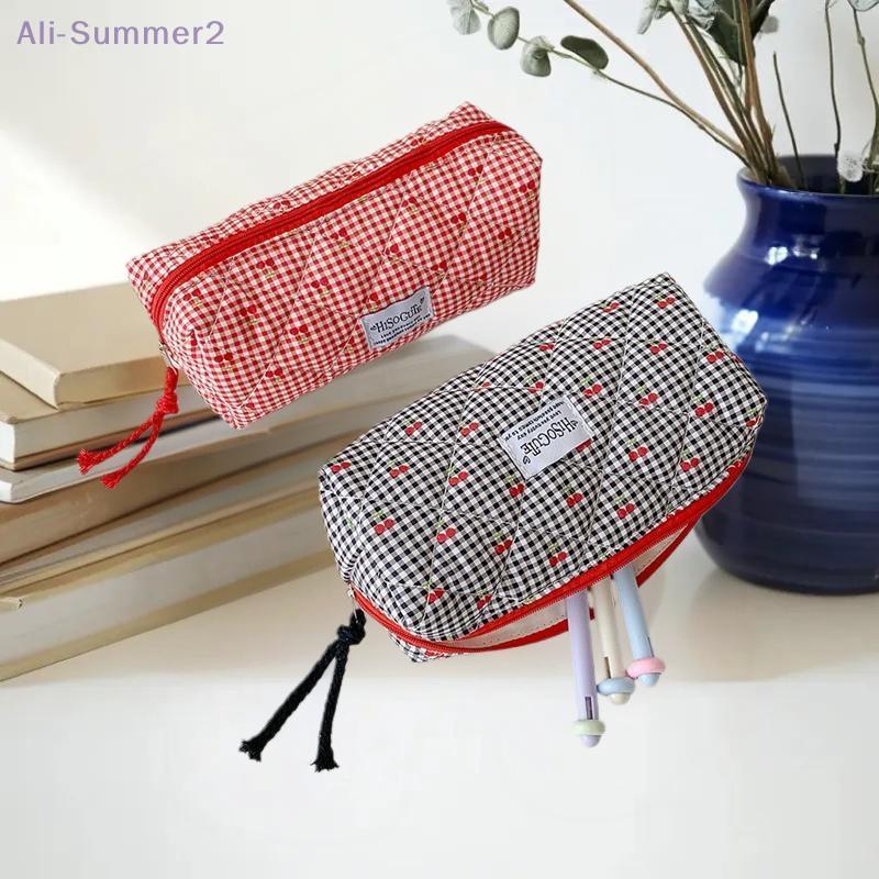 Trousse à crayons mignonne à carreaux cerise grande capacité sac de papeterie pour étudiants sacs à cosmétiques pour femmes pochette portable sac de rangement cadeaux