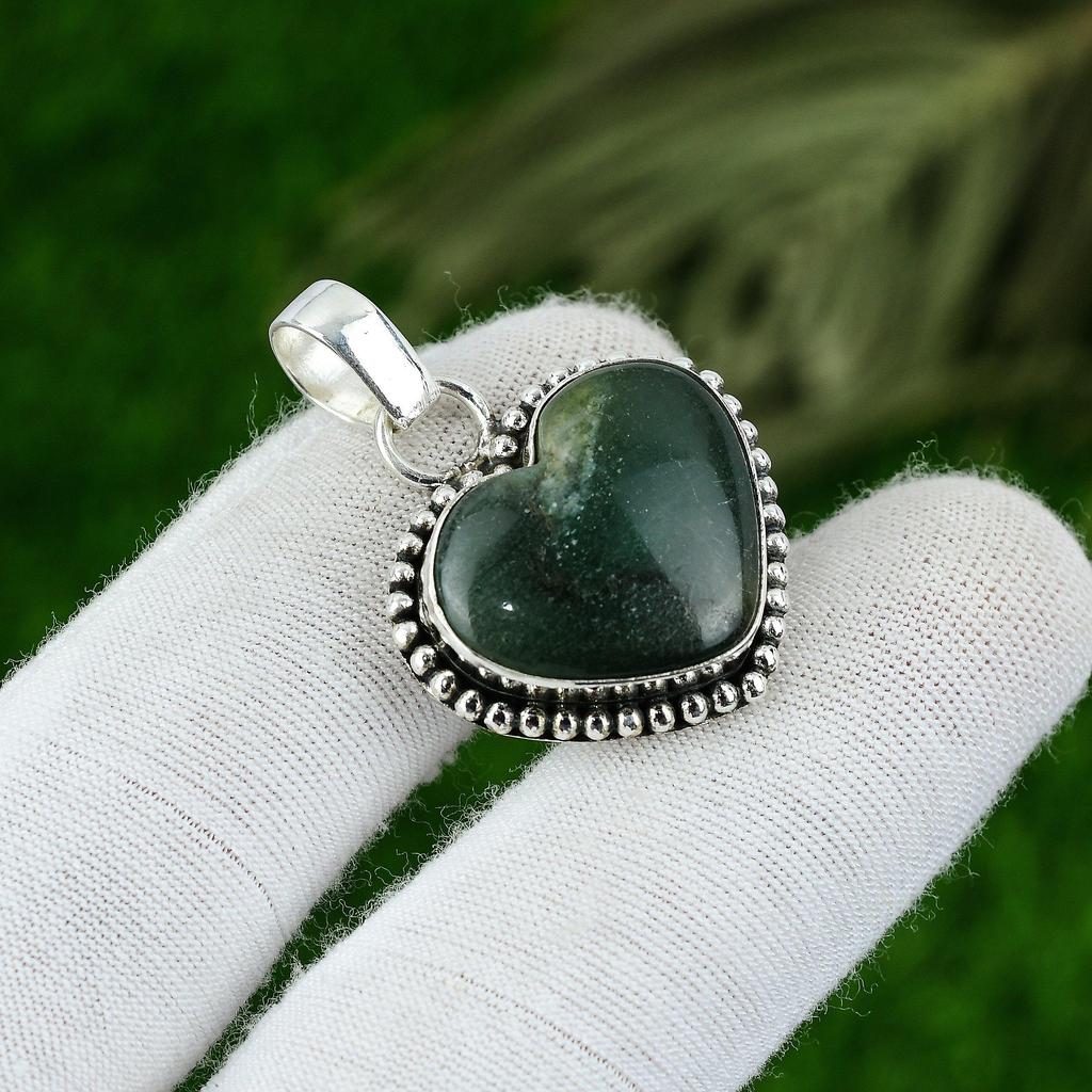 Natural Nephrite Gemstone Pendant 925 Sterling Silver Indian Jewelry For Girls