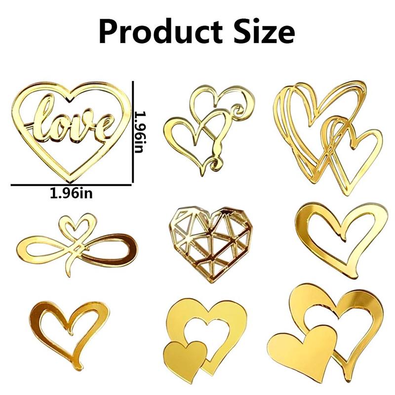 9Pcs Gold Love Heart Acrylic Cake Topper For Wedding Valentine'S Day Cake Diy Decoration Ins Style Birthday Party Cupcake Topper