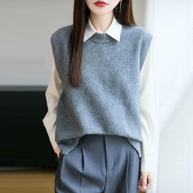 Women's Ribbed Knit Wool Vest - Round Neck Sleeveless Cardigan, Loose Fit Versatile Layering Top