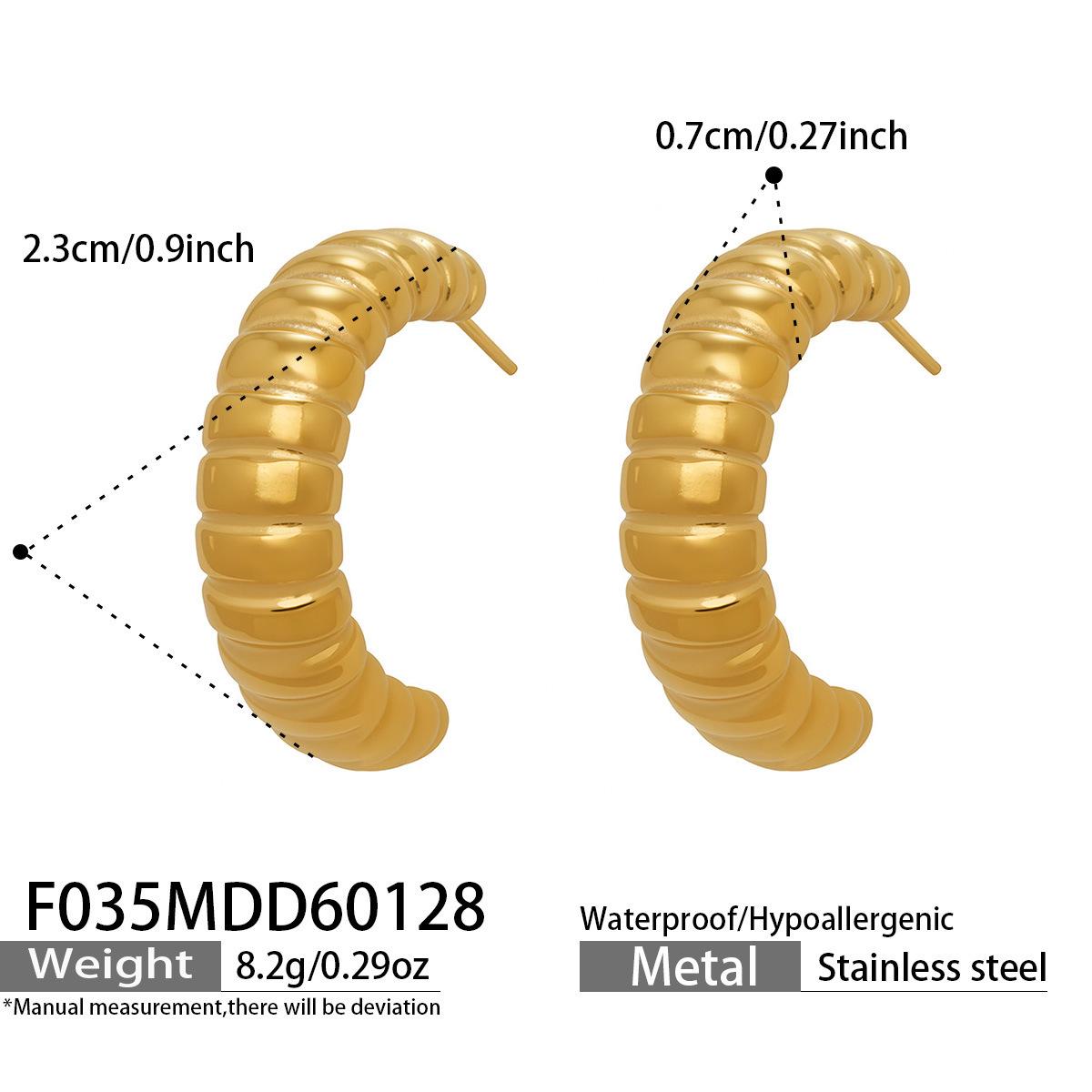 

European & American Ribbed C-Shaped Hoop Earrings in Simple Luxury Style - Versatile Stainless Steel Studs for Women