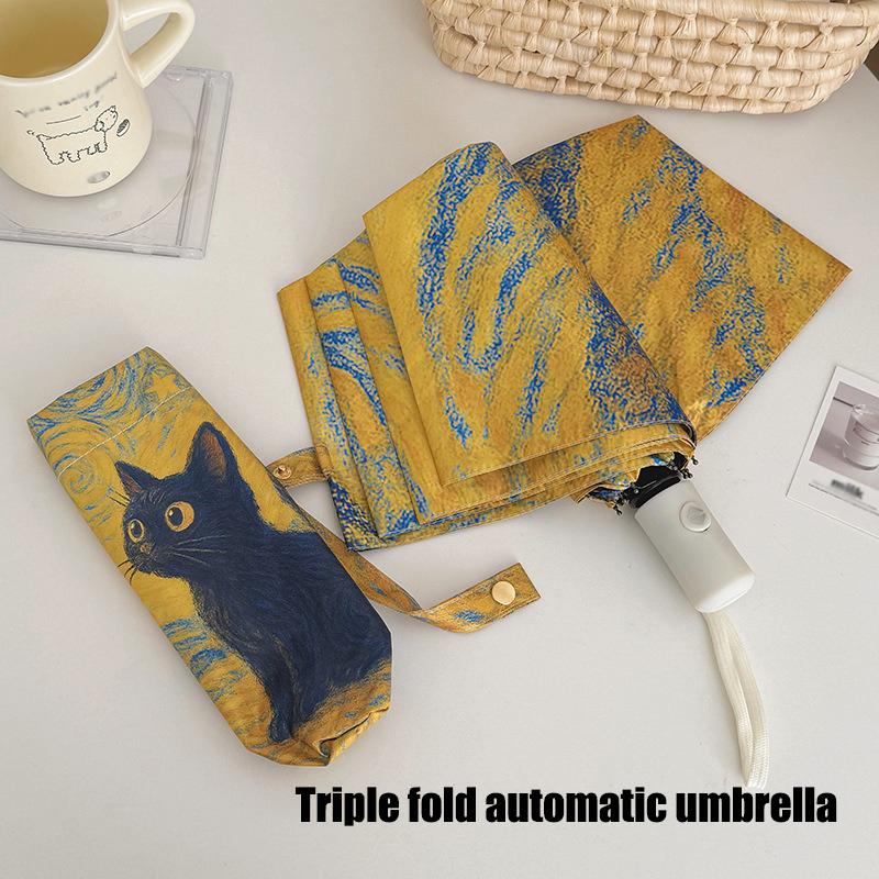 Yellow Blue Oil Painting Cat Folding Umbrella Rain Sun Dual-use Automatic Sun Umbrella Sun Protection And UV Protection Portable