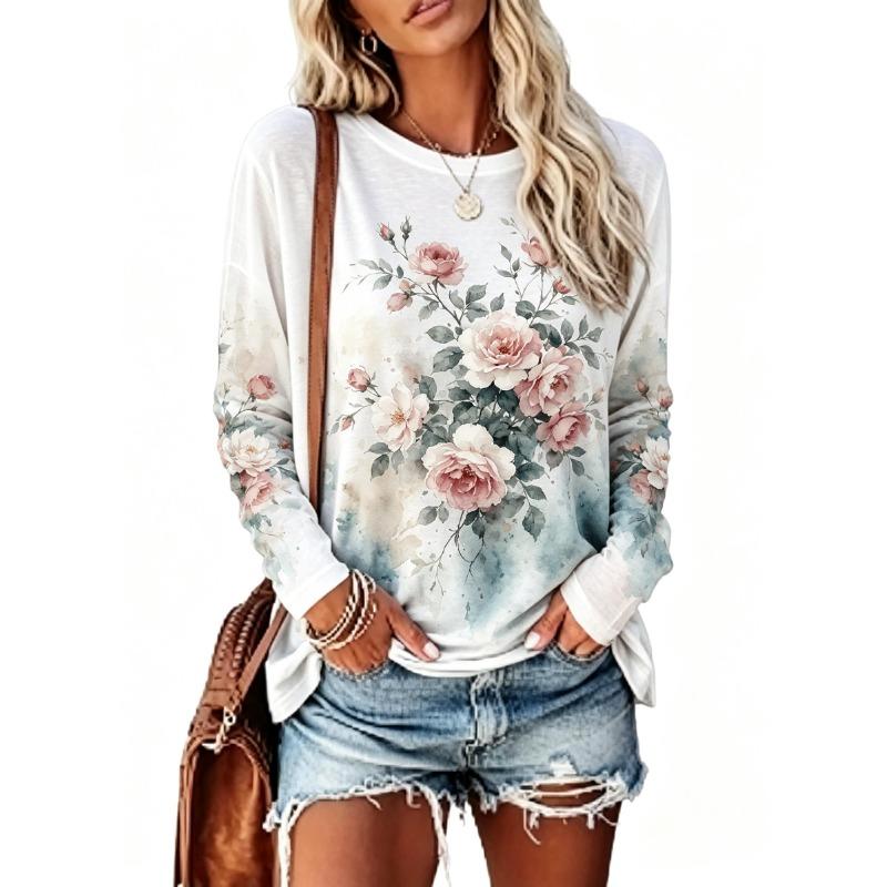 Women Long Sleeve T‑Shirt Watercolor Iris Flower Floral Art Print Crew Neck Casual Tops