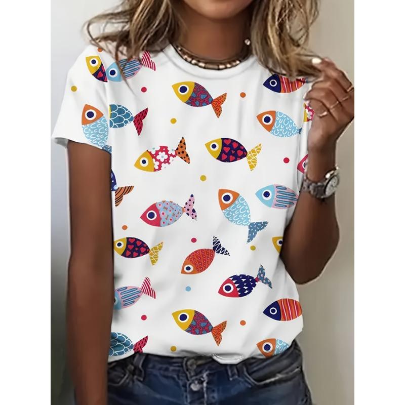 Camisetas de Verano con Estampado 3D de Peces Coloridos para Mujer Manga Corta Cuello Redondo Moda Casual Camisetas Harajuku Y2k Tops Ropa Femenina