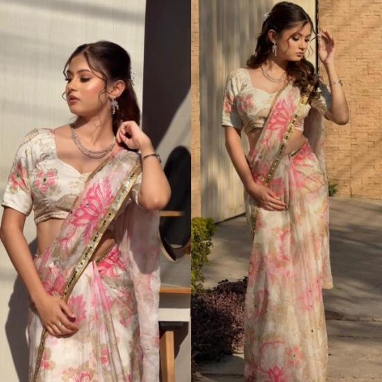 Floral Print Saree with Subtle Embellishments