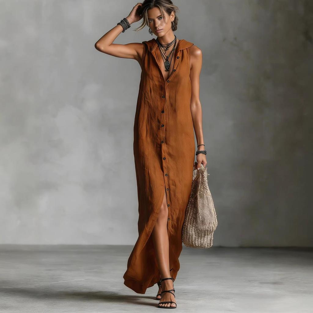 Button Up Dress, Sleeveless Hooded Long Skirt, Women's Clothing