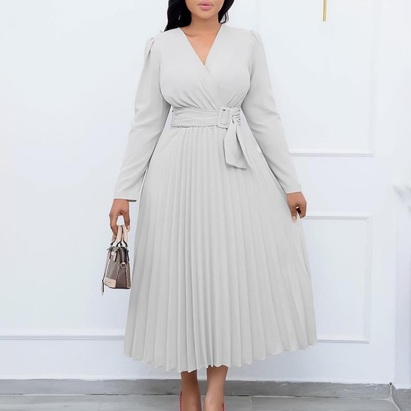 Women's New Long-sleeved Lace-up Solid Color V-neck Slim-fitting Pleated Large-size Dress