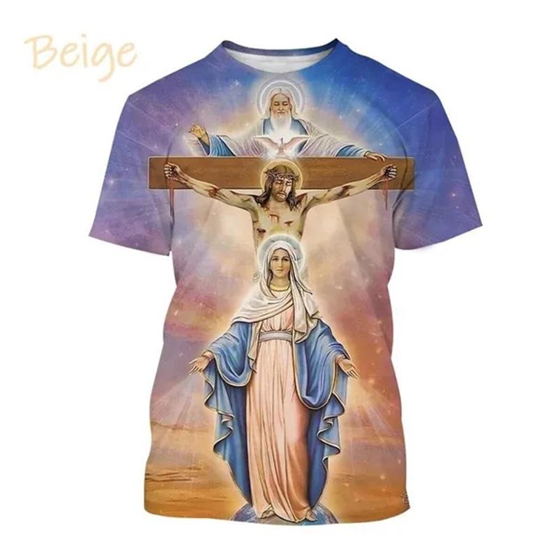 Christliches T-Shirt mit der Jungfrau Maria und der Mutter Gottes für Männer, Jesus liebt, lässiges Rundhals-T-Shirt, kurzärmelig, übergroßes Herren-T-Shirt