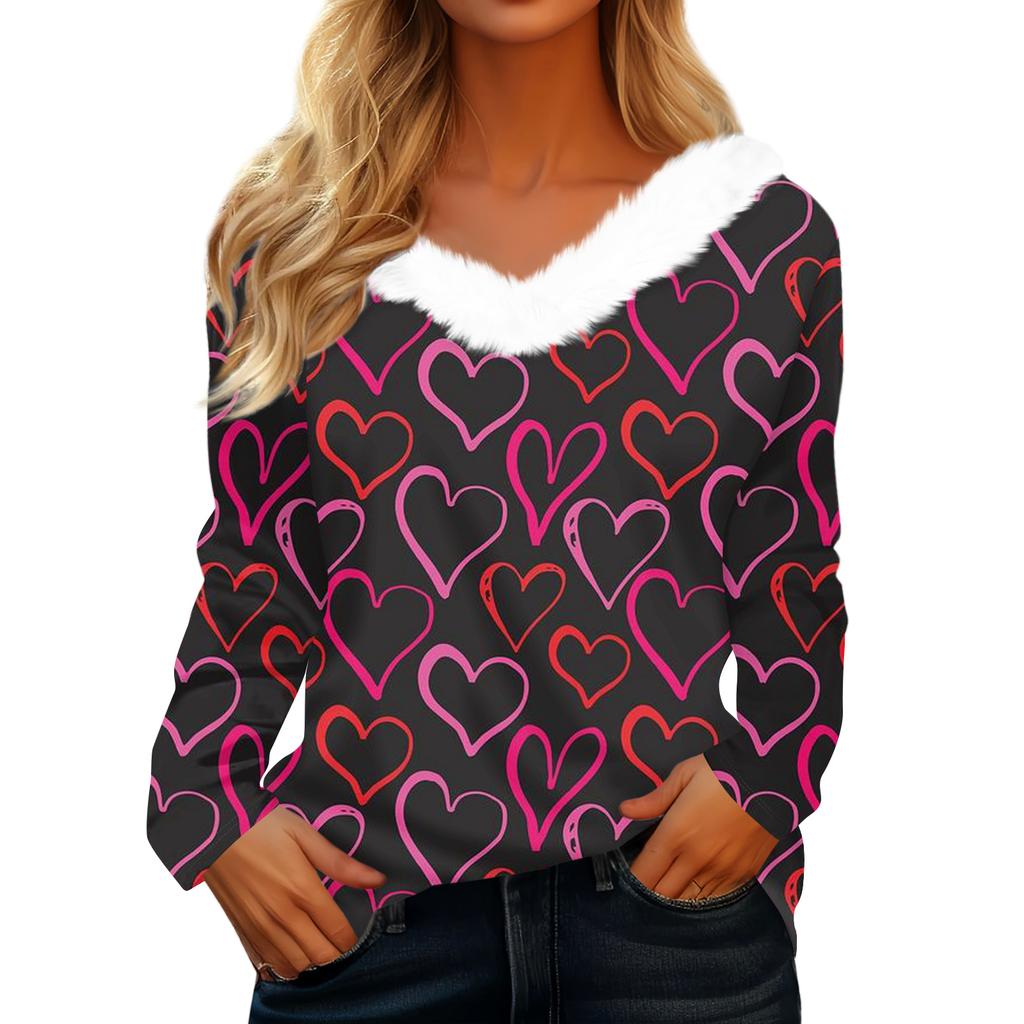 Women's Valentine's Day Printed Long-Sleeved Shirt, V-Neck, Casual Loose-Fitting T-Shirt Top
