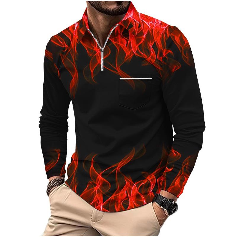 Men's Printed Polo Shirt with Zipper Pocket Sports Long Sleeved Polo Shirt