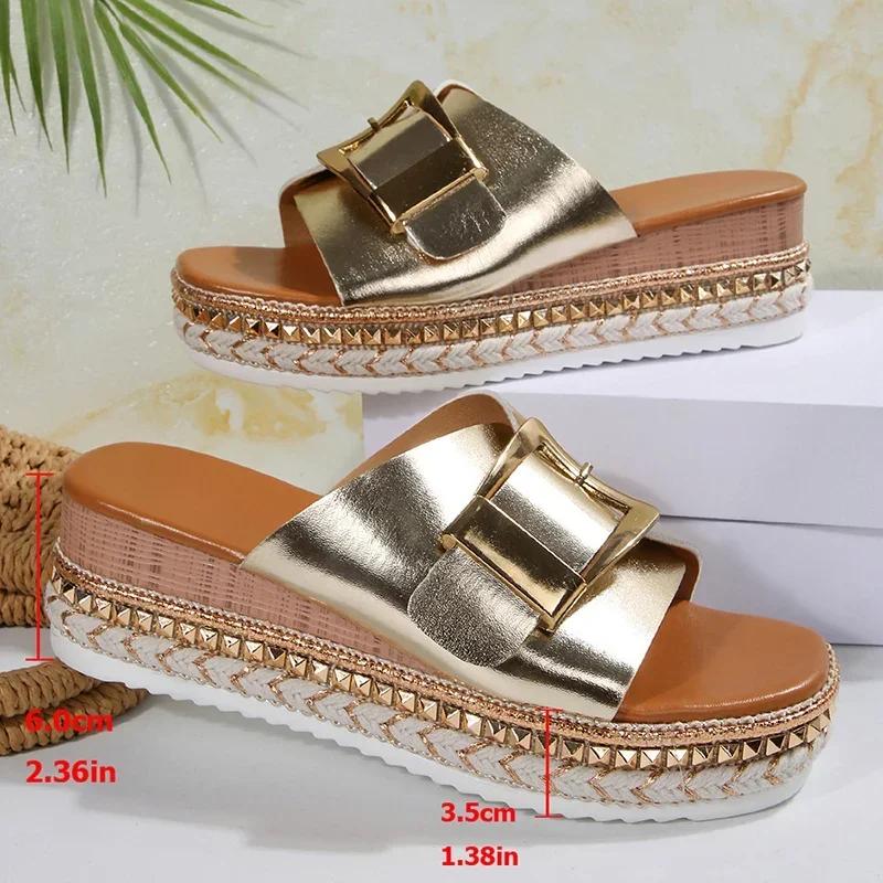 Fashion Metal Buckle Design Slippers for Women 2025 Summer Platform Thick Bottom Sandals Plus Size Woman Open Toe Wedges Slides Shoes