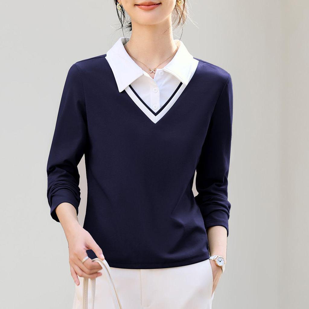 Women's Straight Shoulder Long-Sleeve T-Shirt, New 2026 Stylish Lapel Top for Spring & Autumn. Versatile Base Layer or Outerwear.