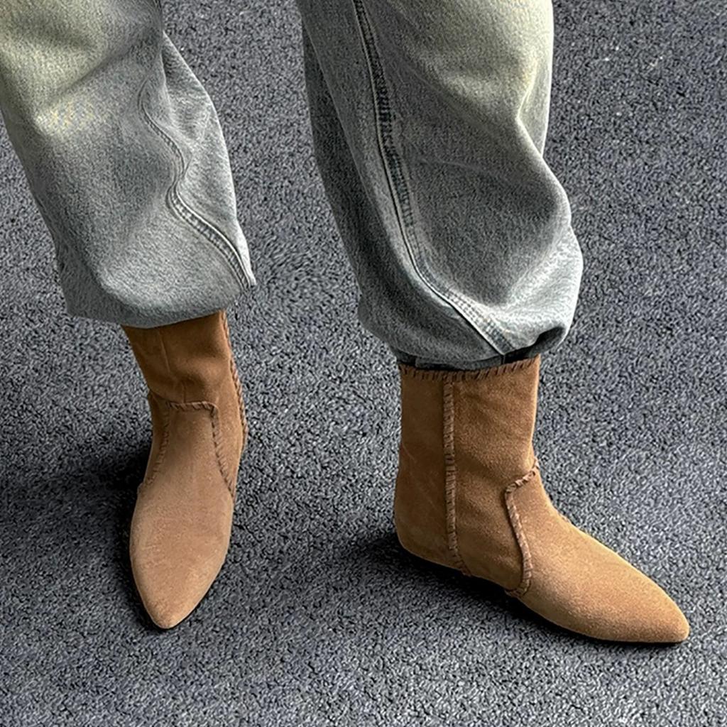 Sheepskin Version~ Niche Matte Suede String Rope Tip Inner Height Increase Western Cowboy Boots Women's 2025 Short Boots Thin Boots