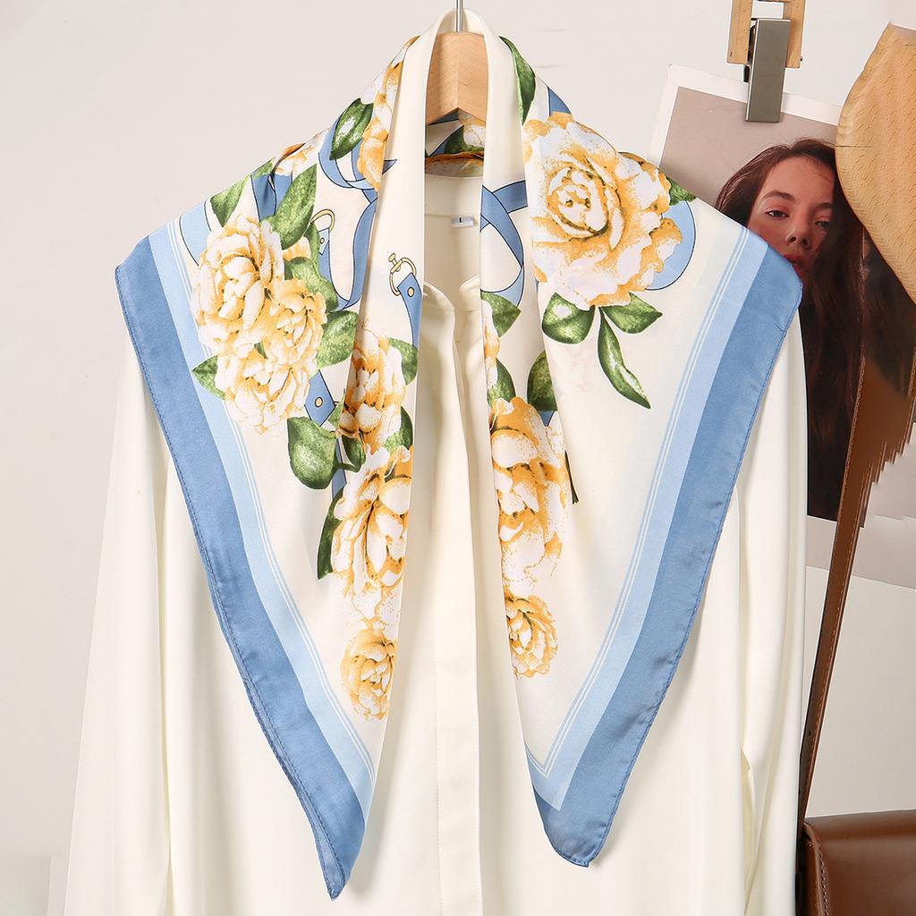 Summer Floral Printed Square Scarf Satin Silk Shawl Small Size Handkerchief Woman Elegant Scarves Ladies Kerchief 67*67Cm
