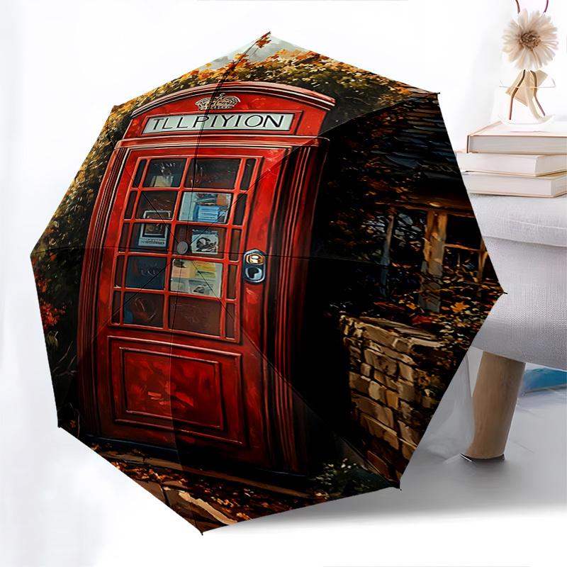 Telephone booth, Autumn foliage Themed Automatic Opening and Closing Umbrella, Brightly Colored 8 rib Portable Umbrella, Suitable for Men an